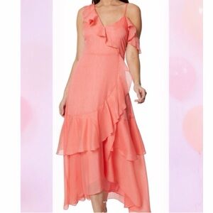 NWT BCBGeneration Women's Ruffled Asymmetric Maxi Dress  Coral Sleeveless Size 6